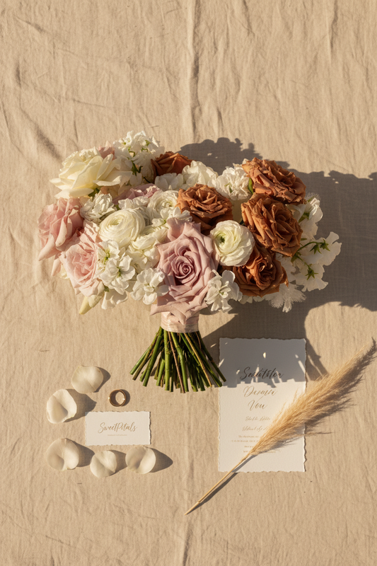 Flat lay sienna garden rose bridal bouquet with gold wedding band and pampas grass on cream linen – SweetPetals luxury terracotta mauve rose ranunculus boho wedding bouquet delivery