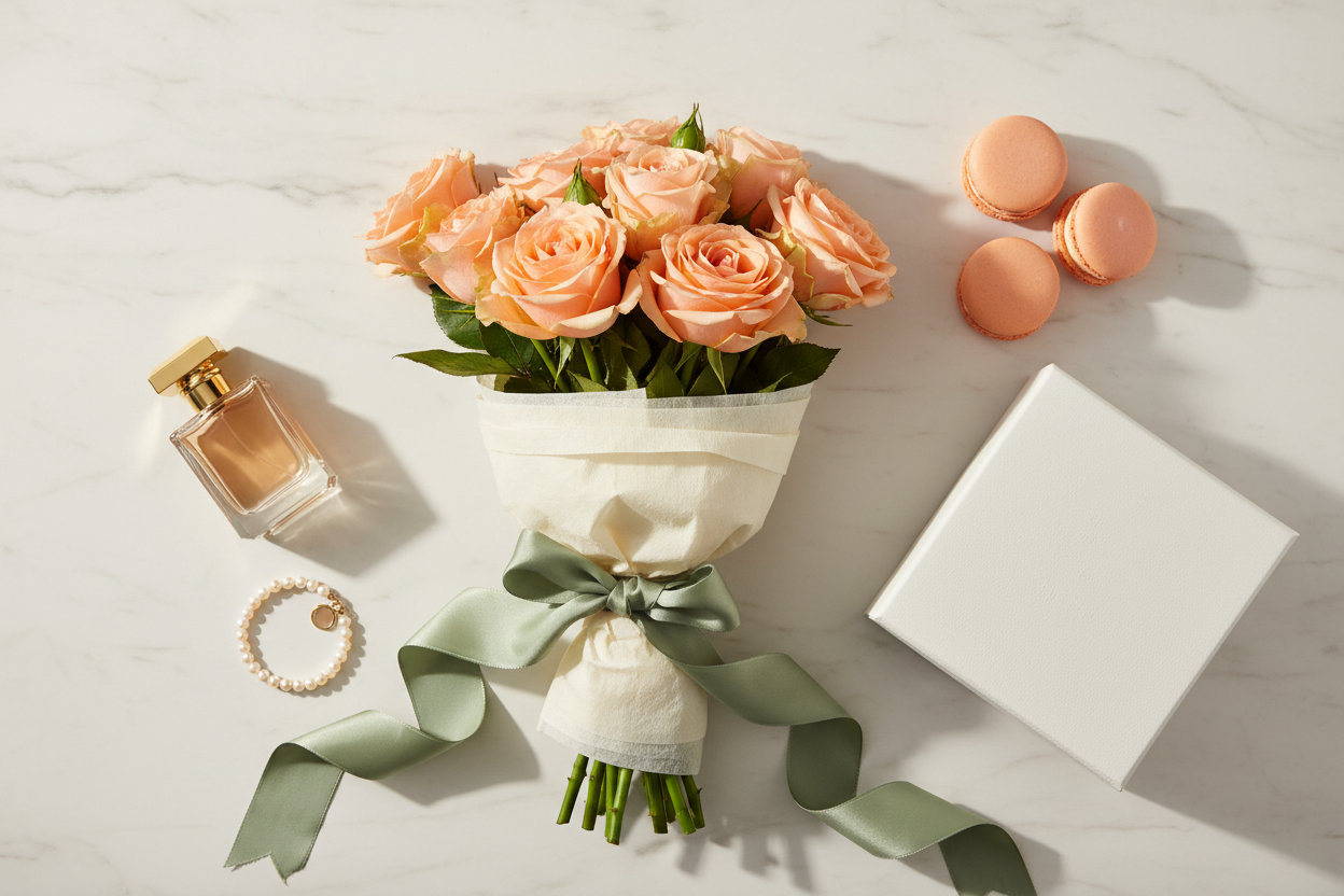 Luxury flat lay of peach rose bouquet with gold perfume bottle and macarons – SweetPetals premium flower delivery NYC