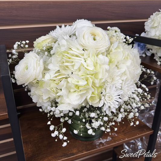 White flower bouquet 3D angle view with SweetPetals logo – fresh flowers NYC delivery
