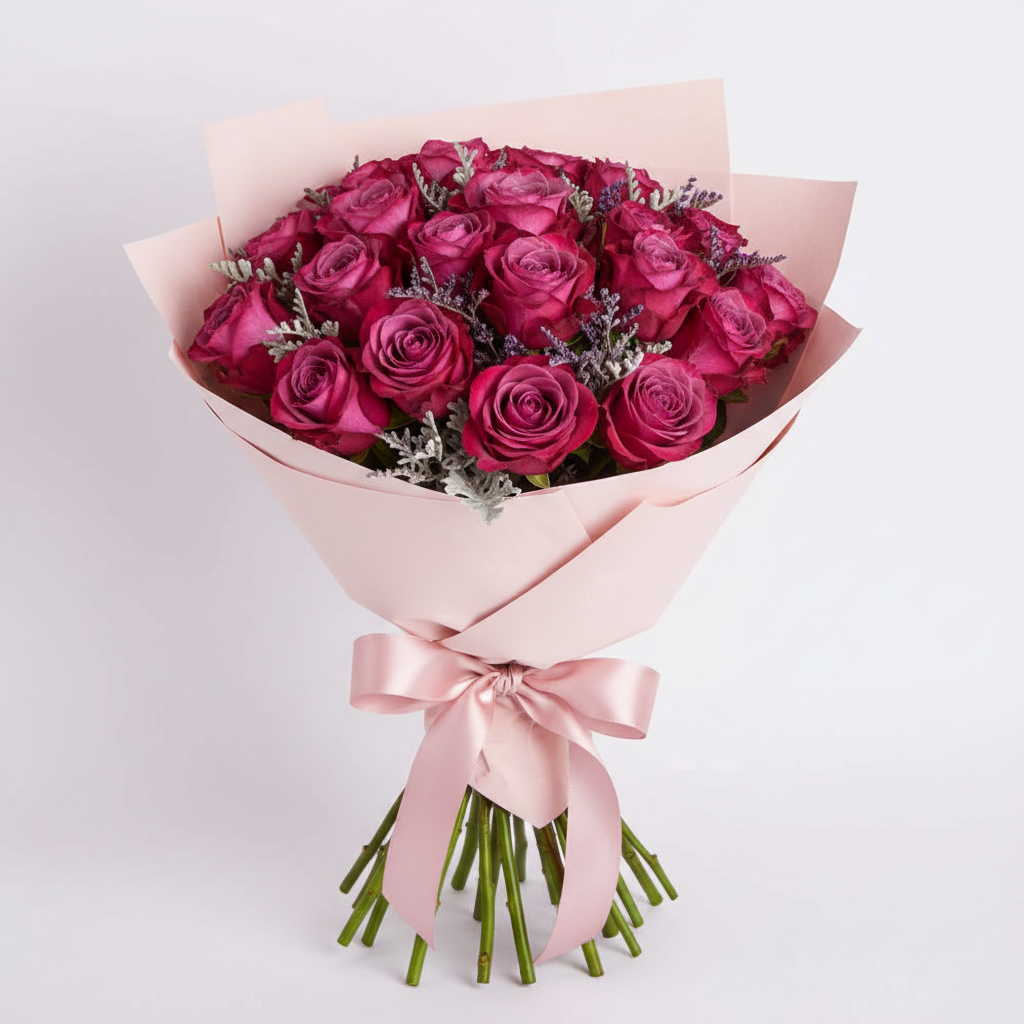 Luxury magenta spray roses hand-tied bouquet with blush wrapping – SweetPetals luxury flower delivery NYC