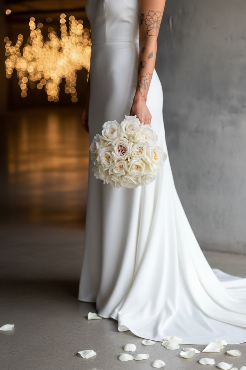 Bride in white silk gown holding white O'Hara rose dome bouquet in luxury minimalist wedding venue – SweetPetals premium cream garden rose bridal bouquet New York