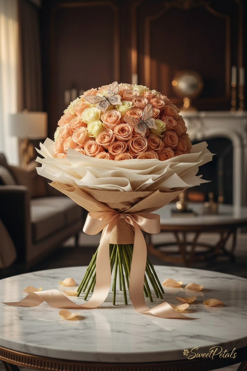 Elegant butterfly dreams peach and champagne rose dome bouquet in glass vase in luxury home – SweetPetals premium rose gift New York