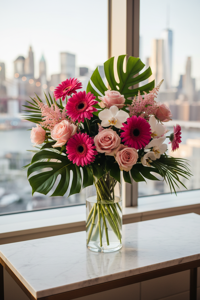 Pink floral arrangement in tall glass vase by window – SweetPetals premium flowers Brooklyn Manhattan