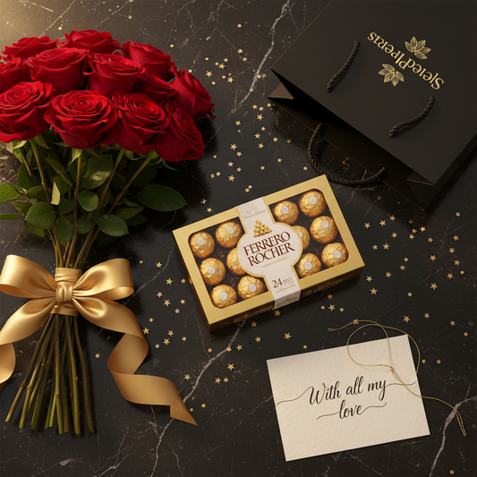 Flat lay Ferrero Rocher 24-piece chocolate gift box with red roses and luxury black gift bag on dark marble – SweetPetals luxury chocolate birthday anniversary Valentine corporate gift delivery New York