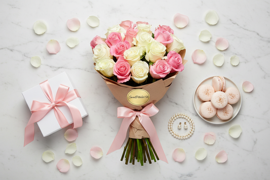 Flat lay pink white rose bouquet with gift box and macarons on marble — SweetPetals luxury flower gift USA