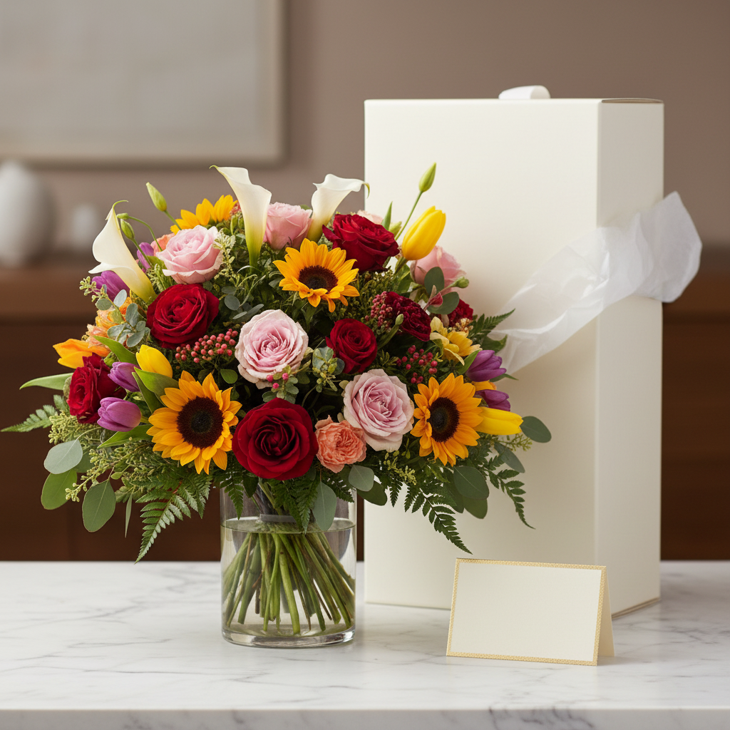 Rainbow garden vase arrangement with luxury white gift box and ribbon on marble – SweetPetals luxury mixed flower celebration gift packaging