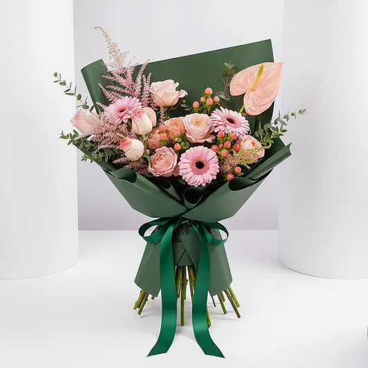 Pink Garden Blooms Bouquet – Roses, Gerberas, Anthurium & Astilbe in Elegant Green Wrap