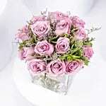Royal Purple Rose Vase – Lavender & Purple Roses with White Filler in Glass Vase