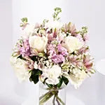White Rose & Lavender Stock Vase Arrangement – Pink Alstroemeria & Baby's Breath in Glass Vase