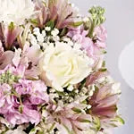 White Rose & Lavender Stock Vase Arrangement – Pink Alstroemeria & Baby's Breath in Glass Vase