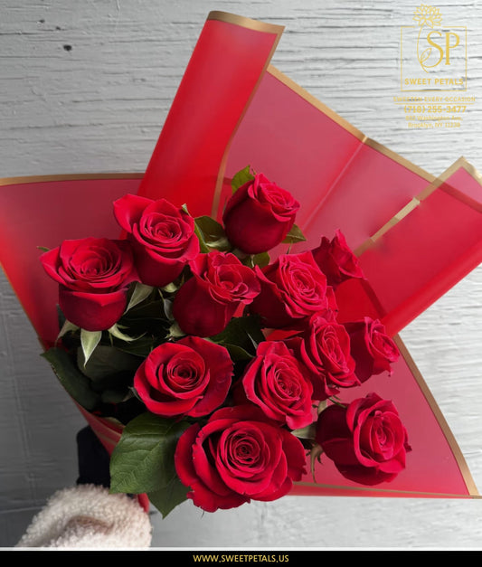 Hand-tied red rose bouquet made by a local Brooklyn florist at Flowers by SweetPetals
