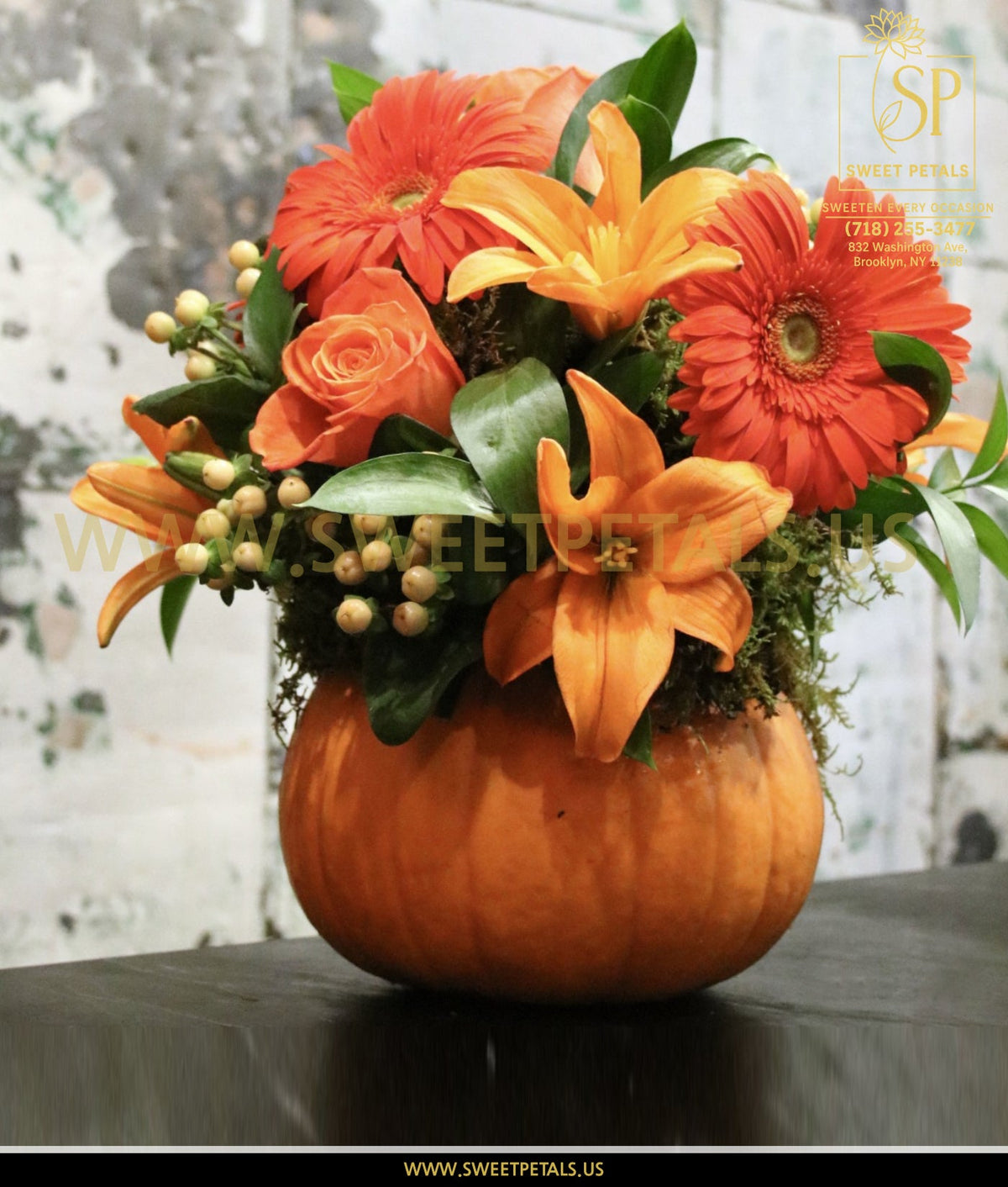 Fall flowers pumpkin arrangement by SweetPetals Brooklyn florist