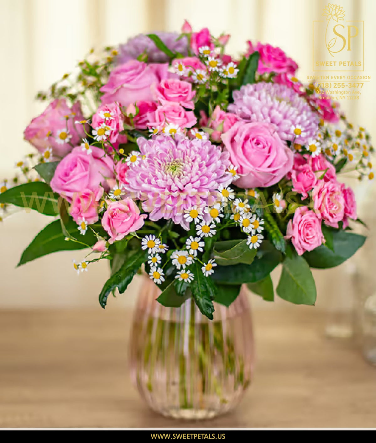 Pink roses in glass vase delivered to Maimonides Medical Center Brooklyn by SweetPetals