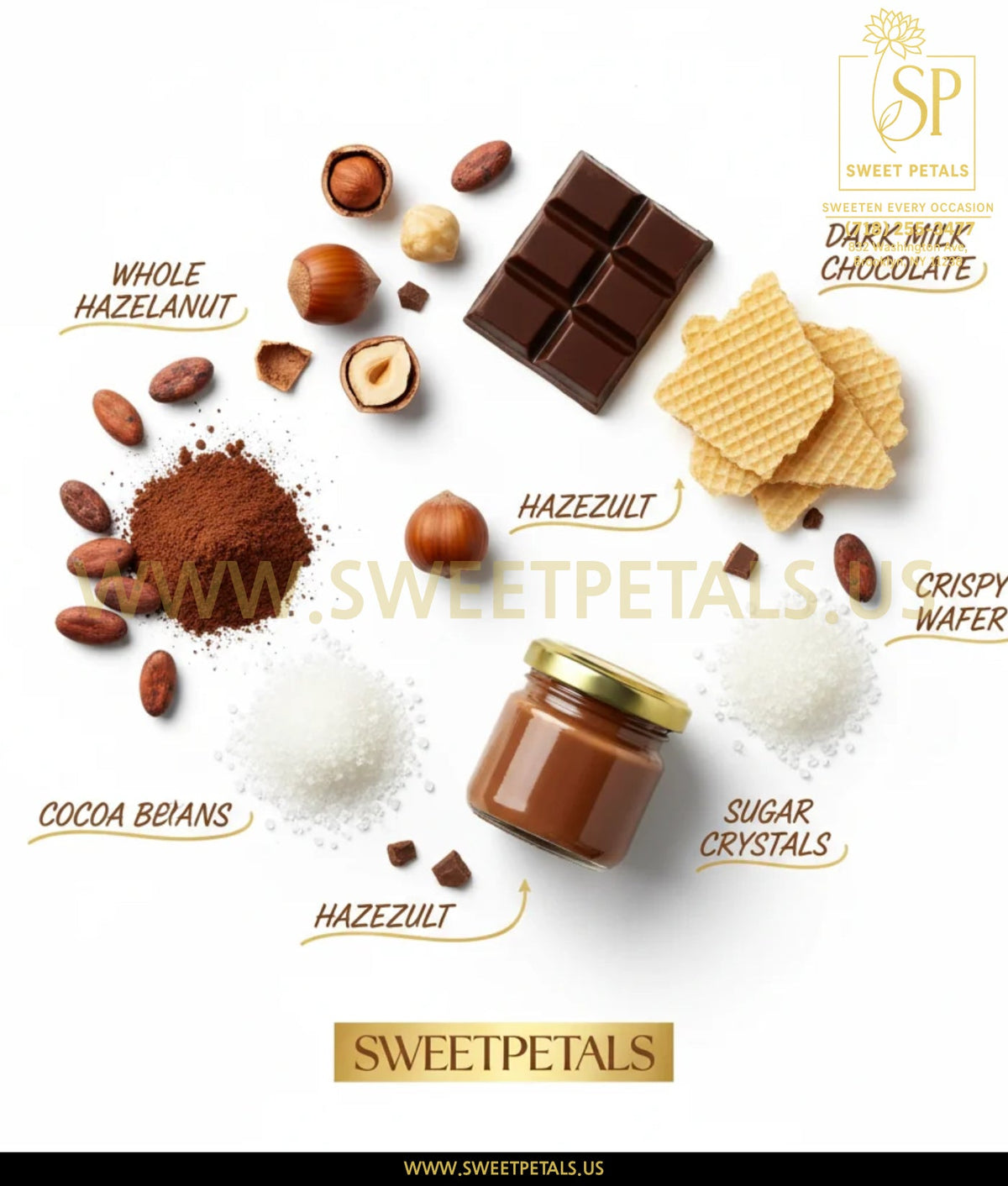 Ferrero Rocher key ingredients infographic showing whole hazelnuts milk chocolate wafer hazelnut cream cocoa powder and vanilla on white background – SweetPetals premium Ferrero Rocher chocolate ingredients
