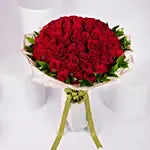 100 Red Rose Bouquet – Grand Luxury Red Roses with Green Leaves in Cream Paper Wrap