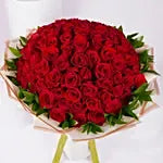 100 Red Rose Bouquet – Grand Luxury Red Roses with Green Leaves in Cream Paper Wrap