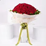 100 Red Rose Bouquet – Grand Luxury Red Roses with Green Leaves in Cream Paper Wrap