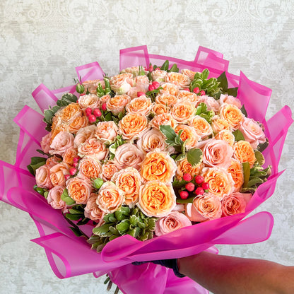 Peach & Pink Spray Rose Dome Bouquet | Luxury 100-Bloom Garden Rose Gift for Birthdays & Mother's Day