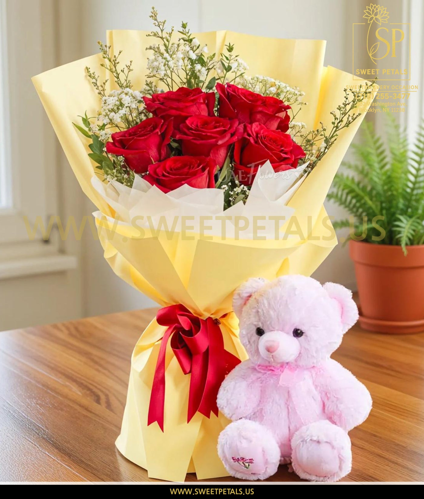 Romantic Valentine’s Day bouquet of red roses wrapped in yellow paper with a pink teddy bear, perfect as a happy Valentine’s Day bouquet and bouquet Valentine flowers gift