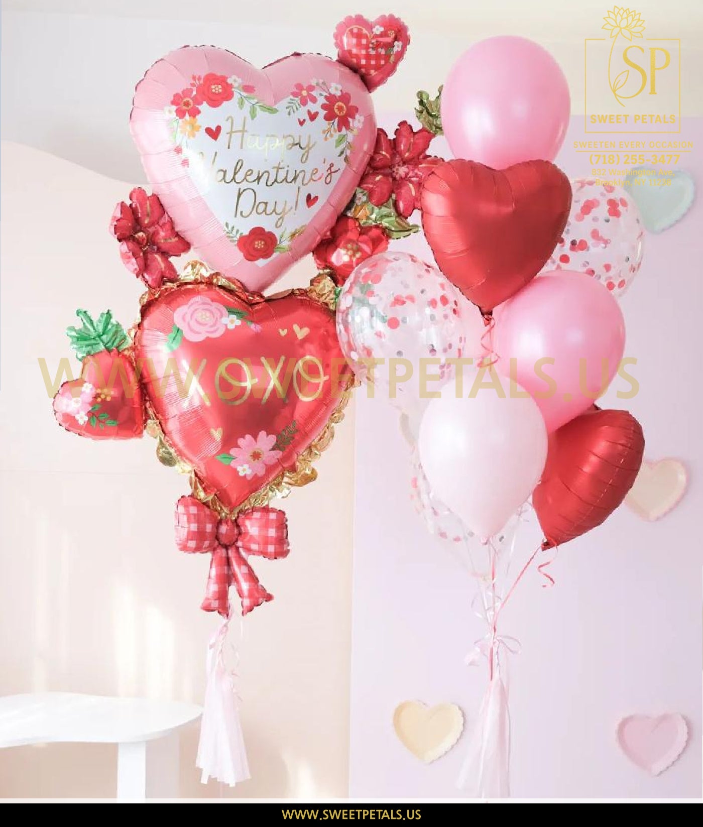 Blushing XOXO Valentine Balloon Bouquet with pink and red valentine’s day heart balloons arranged as a romantic valentine balloon display, perfect valentine's balloons for him.