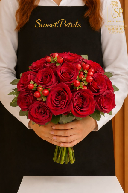 Hand-tied bouquet of red roses for Valentine’s Day, perfect to order flowers for Valentine’s Day or pre-order Valentine’s Day flowers as a romantic gift.