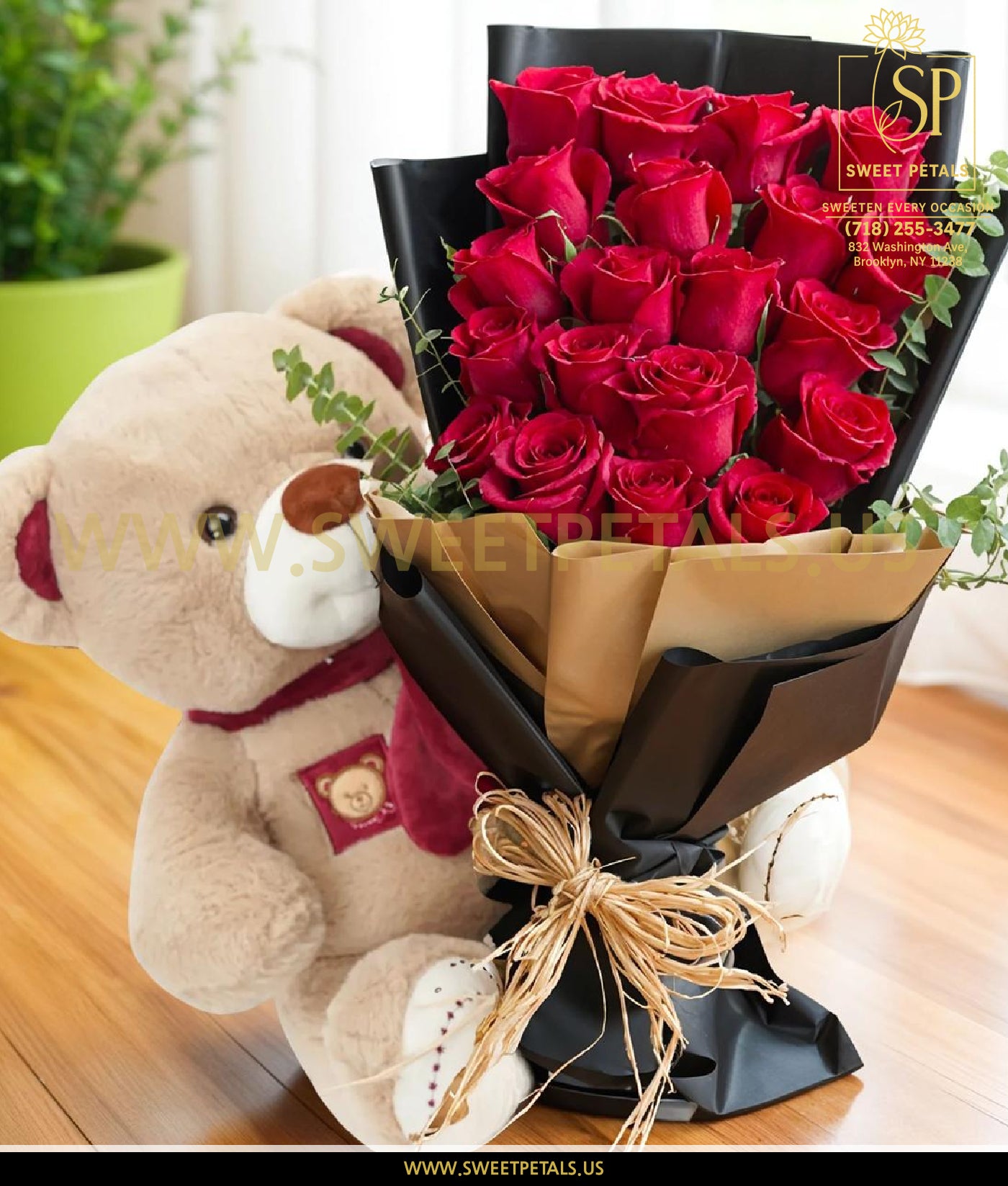 Crimson Cuddle Valentine Rose Bouquet featuring a red rose bouquet for Valentine’s Day with a teddy bear, perfect for pre order flowers for Valentine’s and romantic deliveries for her.