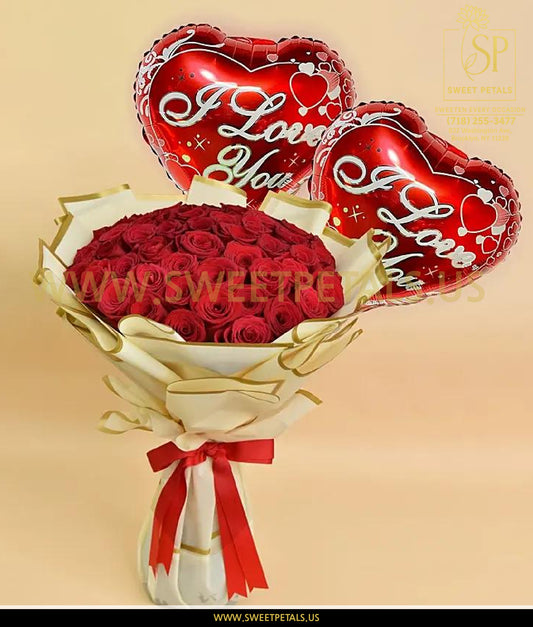 Endless Love Red Rose Bouquet with Heart Balloons