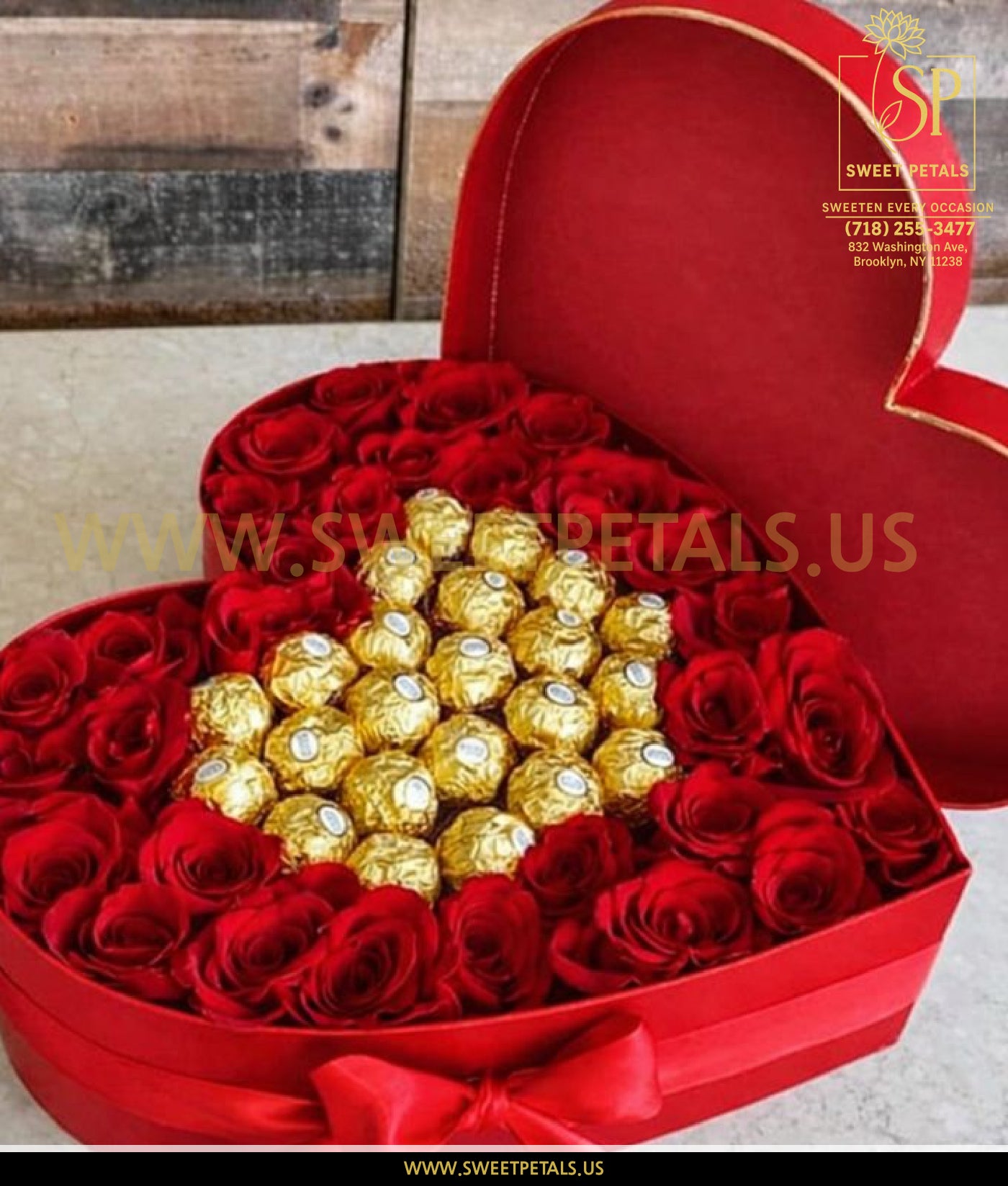 Heart box with roses and box of Valentine chocolates arranged in a romantic heart chocolate box for Valentine’s Day gift.