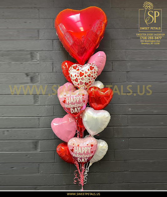 Forever Hearts Valentine Balloon Bouquet featuring happy valentines balloons with red, pink, and white heart-shaped balloons, be my valentine balloon design, perfect for valentines balloon displays and romantic celebrations.