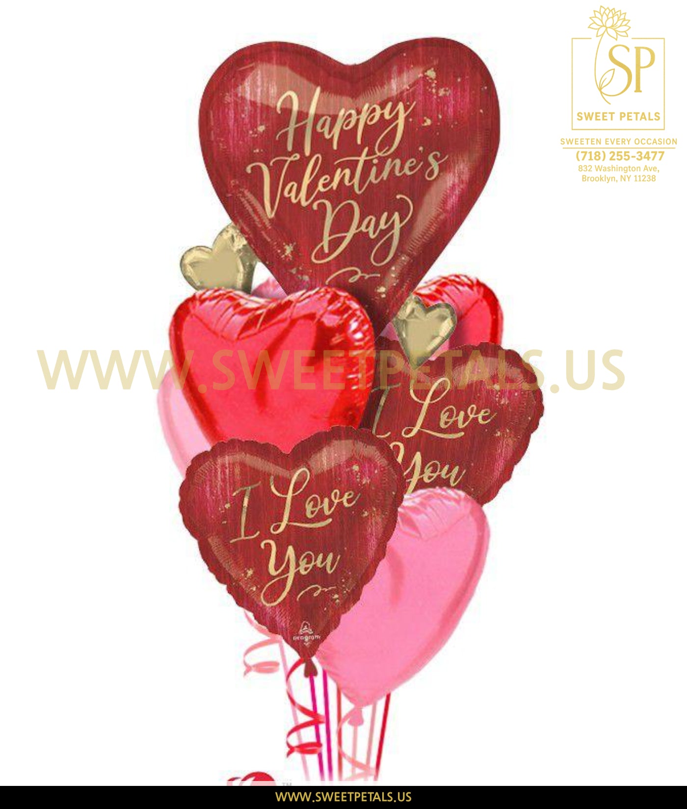Golden Love Notes Valentine Balloon Bouquet with red and pink foil valentine balloons, heart-shaped balloons for valentines and valentine's day balloons with romantic messages
