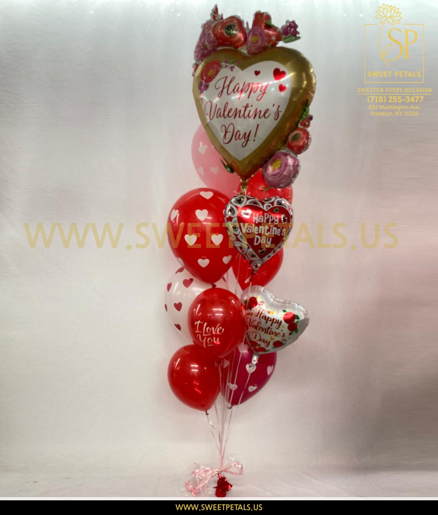 Golden Romance Valentine balloon bouquet with heart-shaped helium balloons, conversation heart balloons, and romantic red and gold balloons delivered for Valentine’s Day.