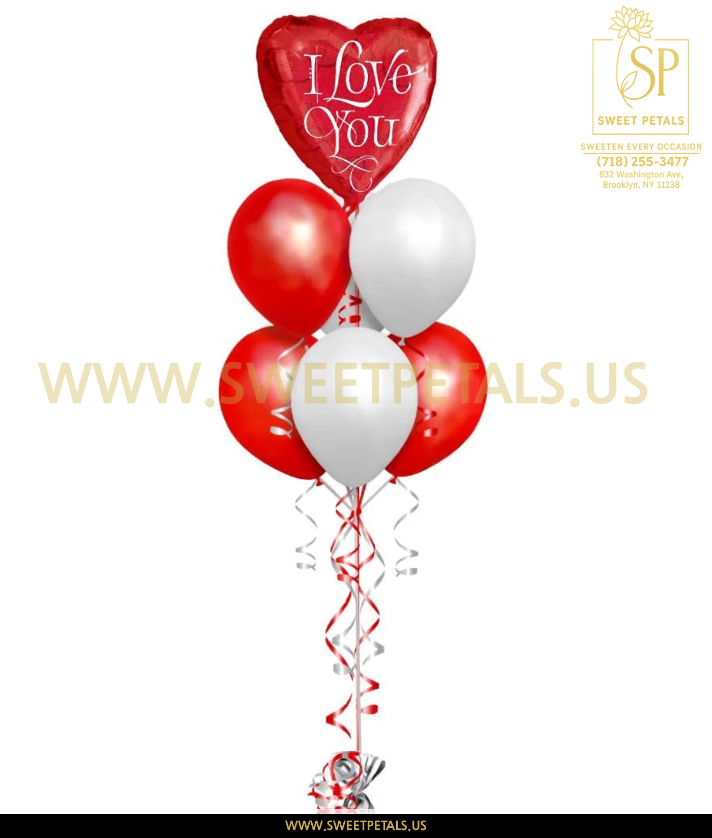 I Love You classic Valentine balloon bouquet with red heart foil balloon and small red and white helium balloons for Valentine’s Day delivery