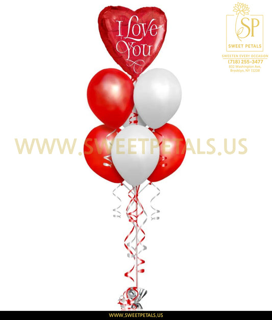 I Love You classic Valentine balloon bouquet with red heart foil balloon and small red and white helium balloons for Valentine’s Day delivery