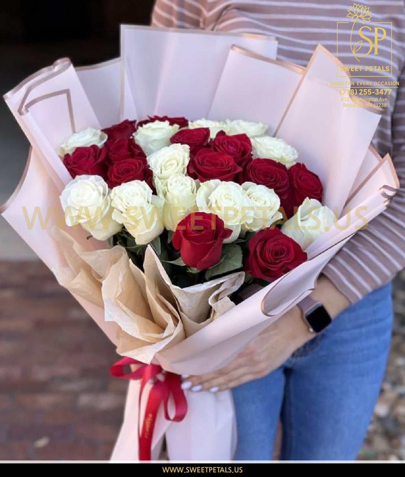 Ivory & Crimson Harmony Rose Bouquet with red and ivory roses, beautifully arranged by a valentine flower shop, perfect for flowers delivered by Valentines and roses for Valentine Day gift.