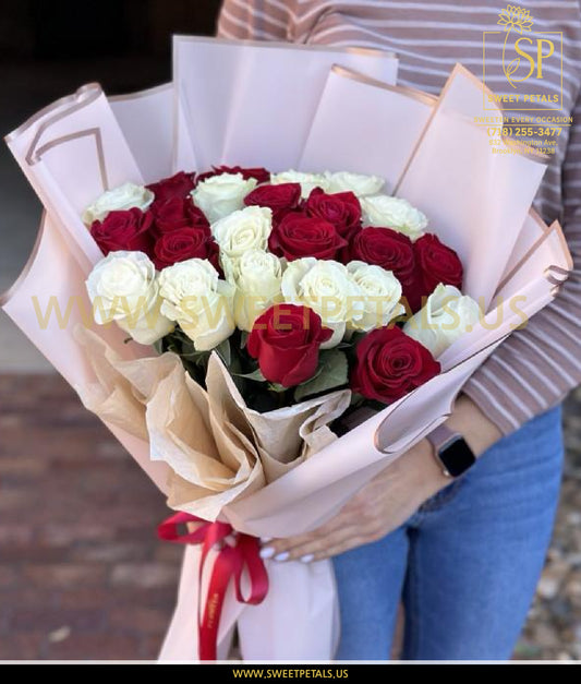 Ivory & Crimson Harmony Rose Bouquet with red and ivory roses, beautifully arranged by a valentine flower shop, perfect for flowers delivered by Valentines and roses for Valentine Day gift.