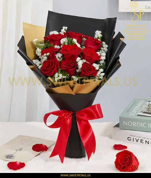 Midnight Passion red rose bouquet with elegant wrapping, perfect valentine's day flower arrangements and bouquet valentine's day gift, featuring happy valentines flowers arranged beautifully.