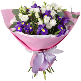 Purple Iris & White Lisianthus Bouquet | Fresh Flower Gift Wrapped in Pink