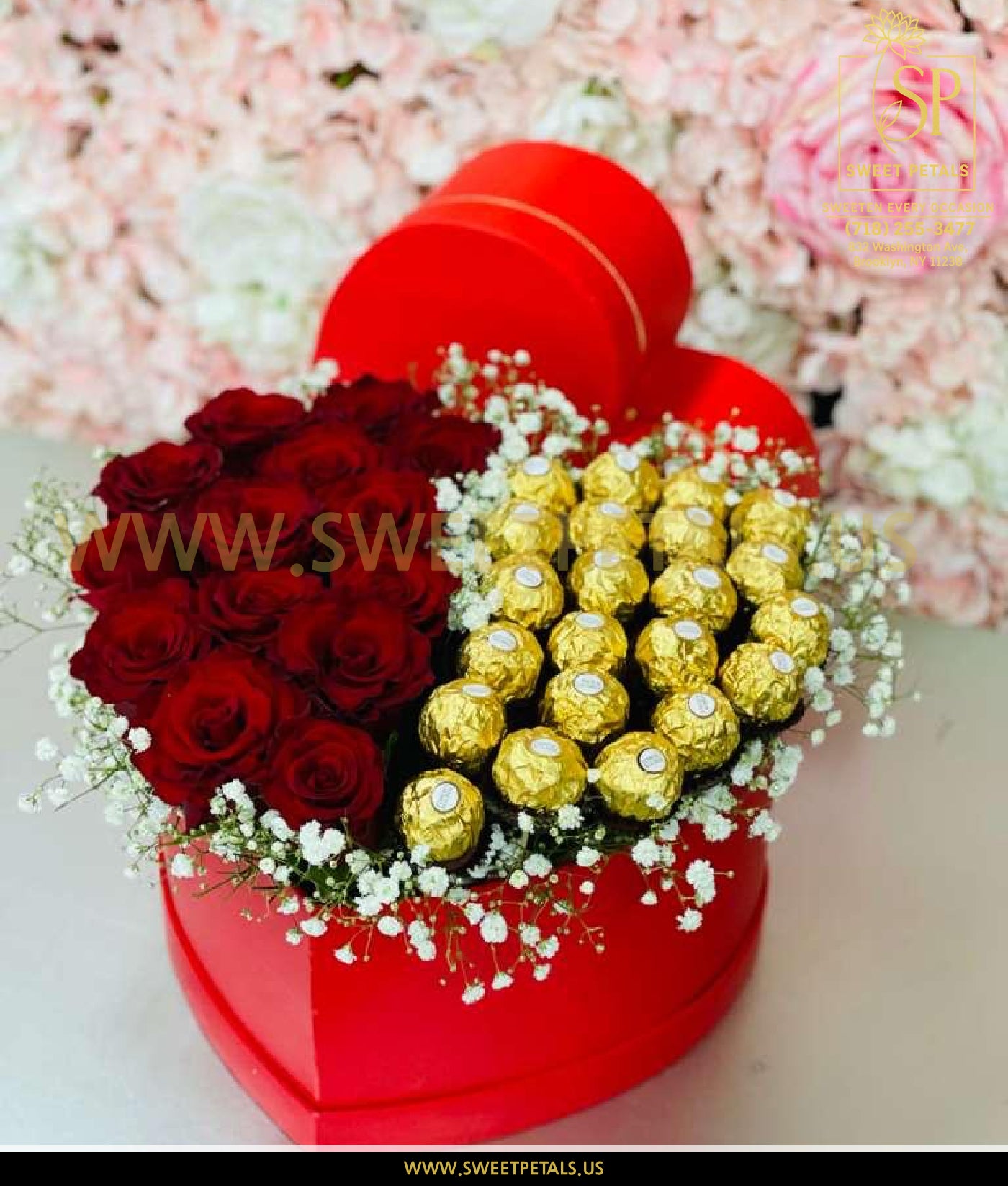 Heart shaped chocolate box with red roses and luxury chocolates, elegant Valentine’s Day flowers arrangements and box of chocolates for Valentine’s Day gift.
