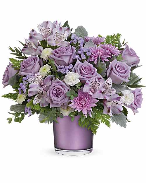 Lavender dream metallic vase arrangement with lavender roses purple alstroemeria lavender chrysanthemums white mini carnations and blue statice in metallic lavender vase – SweetPetals luxury lavender rose birthday gift