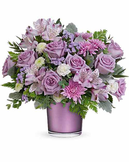 Lavender dream metallic vase arrangement with lavender roses purple alstroemeria lavender chrysanthemums white mini carnations and blue statice in metallic lavender vase – SweetPetals luxury lavender rose birthday gift