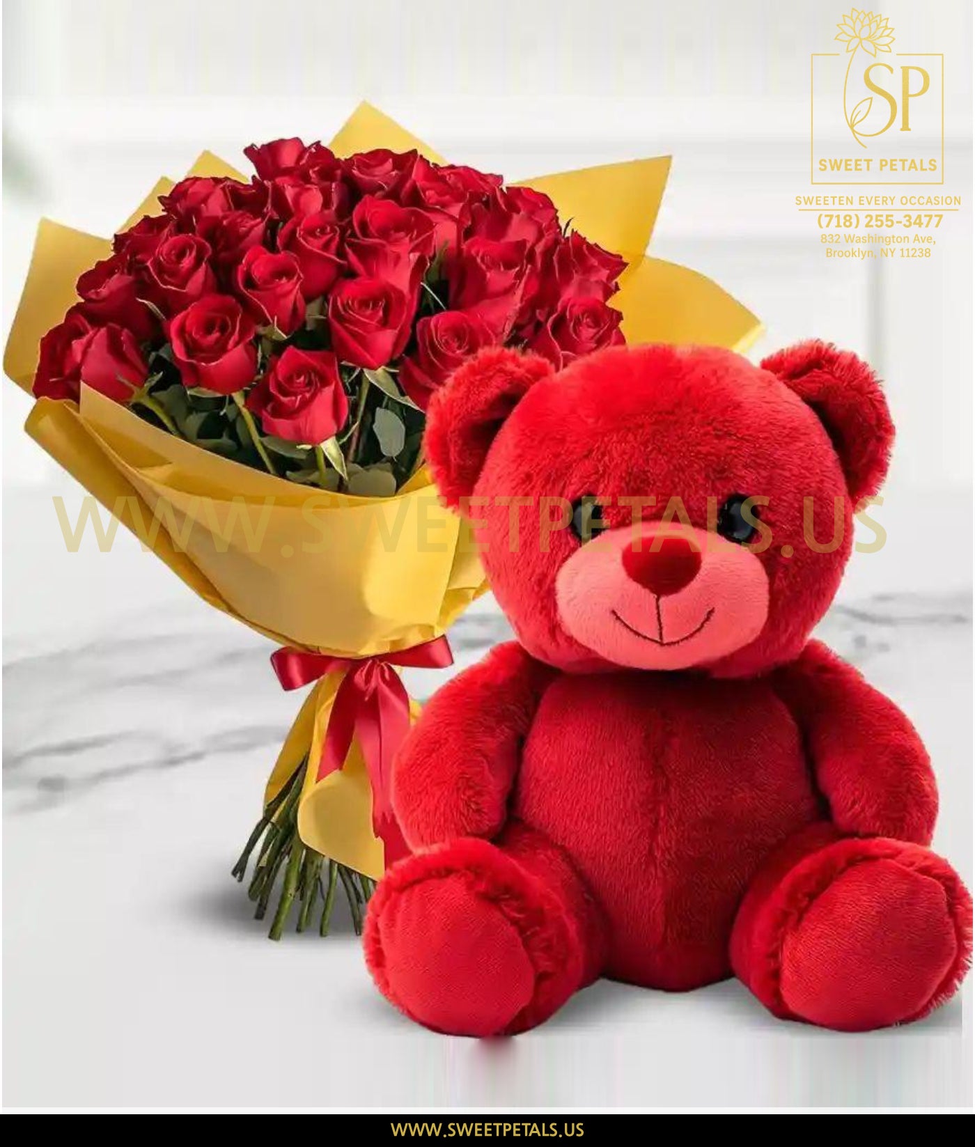Valentine Cuddle Red Roses & Plush Bear with fresh red roses and valentines teddy bear, perfect valentines flowers and gifts and unique flowers for valentines.