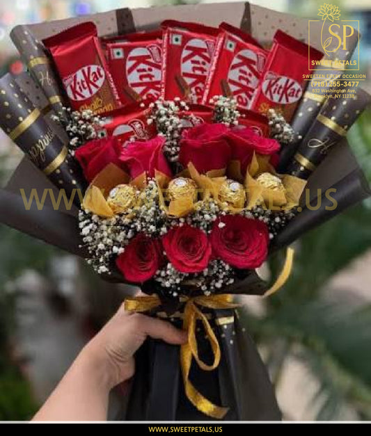Valentine’s Day Rose & Chocolate Surprise Bouquet with red roses and Ferrero Rocher chocolates, perfect valentines flowers chocolates gift and happy valentine's day chocolate surprise