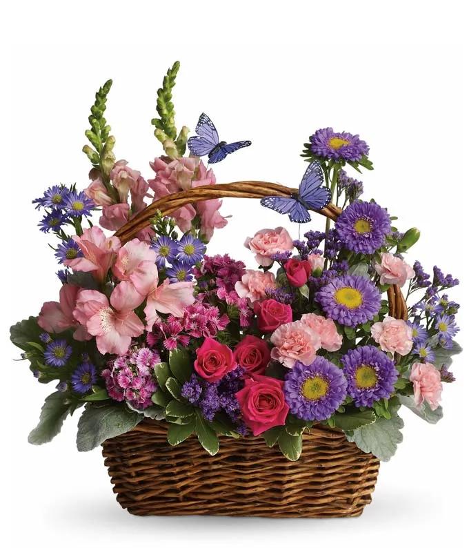 Butterfly Garden Basket – Pink Roses, Gladiolus, Purple Asters & Carnations with Butterfly Accents