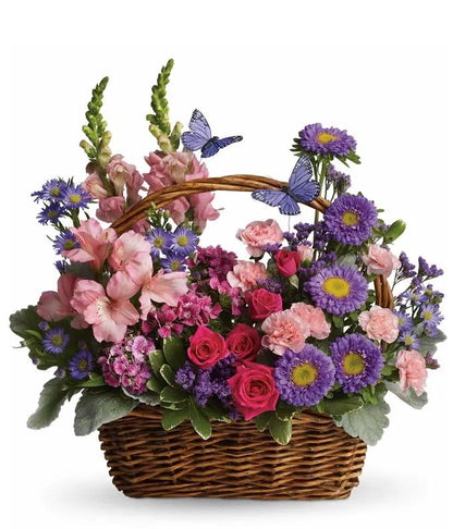 Butterfly Garden Basket – Pink Roses, Gladiolus, Purple Asters & Carnations with Butterfly Accents