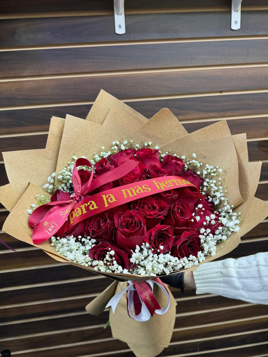 Red Rose & Baby's Breath Bouquet – Crimson Roses in Kraft Wrap with Romantic Ribbon