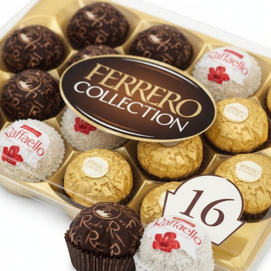 Ferrero Collection 16-piece assorted luxury chocolate gift box with Ferrero Rocher Rondnoir and Raffaello chocolates in gold transparent box – SweetPetals luxury assorted chocolate birthday anniversary Valentine corporate gift New York