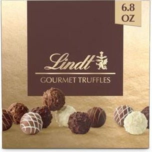 Lindt Gourmet Truffles 6.8oz assorted luxury chocolate gift box in gold and dark brown packaging with dark milk and white chocolate truffles displayed in front – SweetPetals premium Swiss chocolate birthday anniversary Valentine corporate gift New York