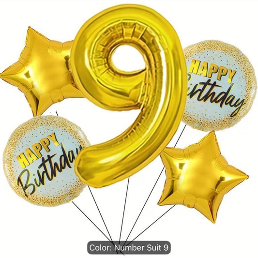 Gold number 9 Happy Birthday foil balloon bouquet set with round Happy Birthday balloons and gold star balloons on white background – SweetPetals luxury 9th birthday party balloon decoration gift New York