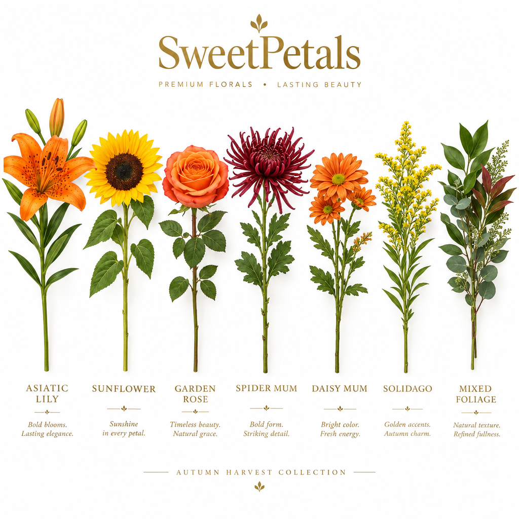 Autumn Harvest Lily & Sunflower Vase Arrangement | Luxury Orange Lily, Sunflower, Rose, Mum & Solidago Fall Flower Gift in Glass Vase for Birthdays, Thanksgiving & Seasonal Gifting