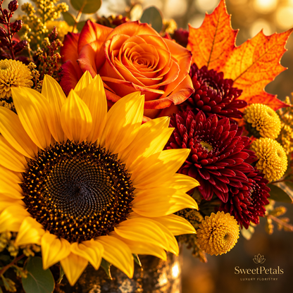 Autumn Sunflower & Rose Orange Vase Arrangement | Luxury Sunflower, Orange Rose, Mum & Autumn Leaf Fall Flower Arrangement in Orange Glass Vase for Birthdays, Thanksgiving & Seasonal Gifting